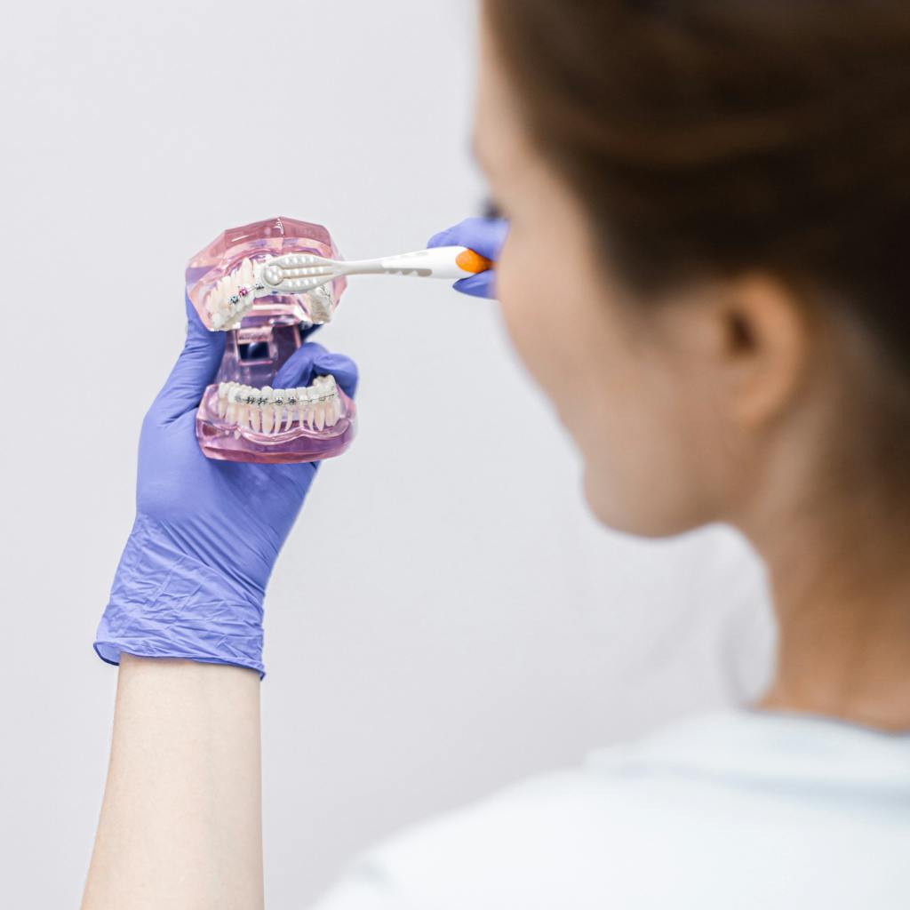 Dentista demonstrando técnica de escovação em modelo dental para combater mau hálito